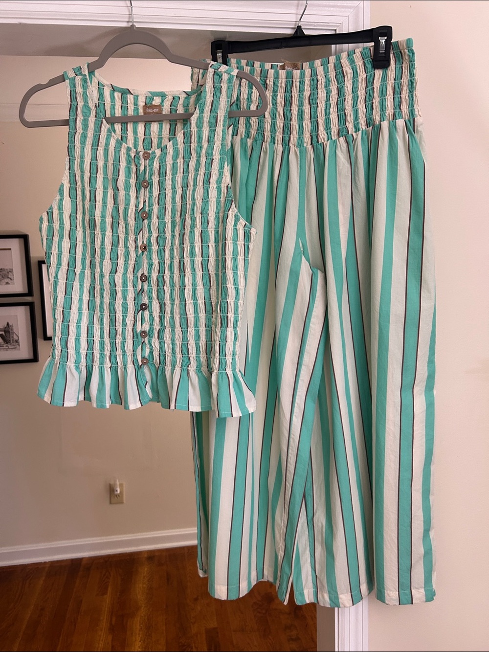 Free People Mint Green and White Striped Wide Leg Jumpsuit Set